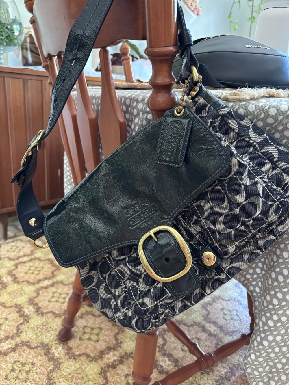 Coach Signature Denim Bleecker Flap Blue Patent Leather Shoulder Bag